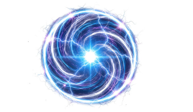 Glowing blue plasma orb spinning with electric currents and bright light particles isolated on a clean white background
