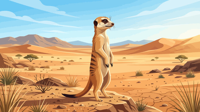 Alert meerkat stands watchfully in a desert landscape under sunny skies