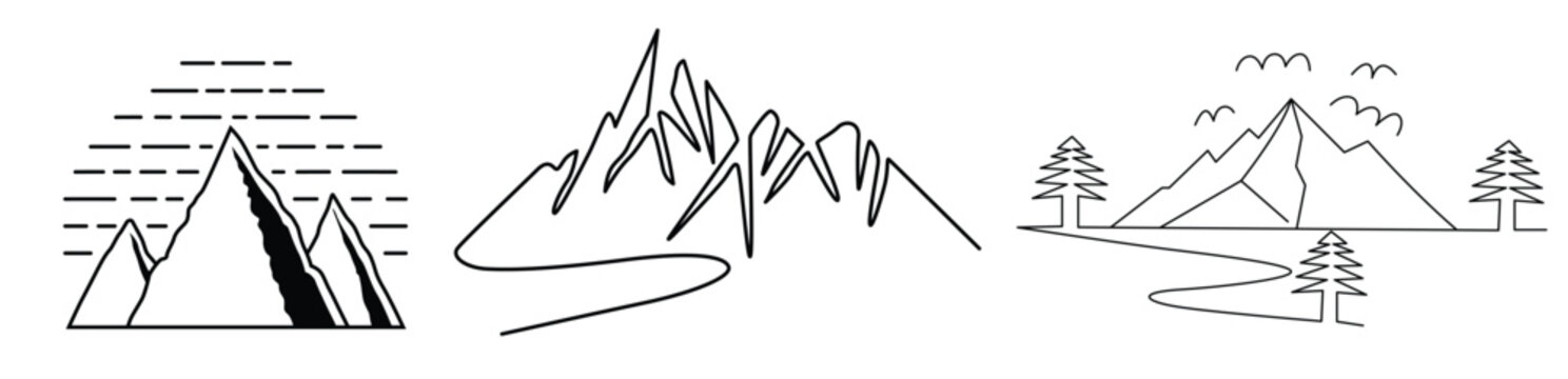 Mountain landscape hills with trees and rising peaks line art Vector