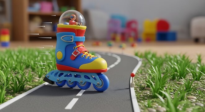 Toy roller skate on miniature road.
