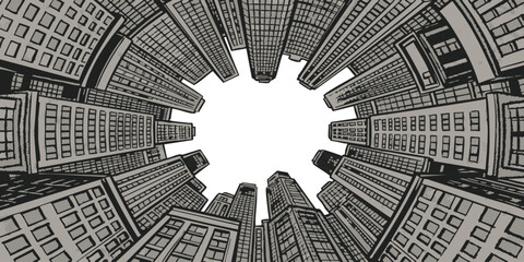 Black and white sketch illustration of tall city skyscrapers looking up from the ground in a circular perspective © ZenVectors