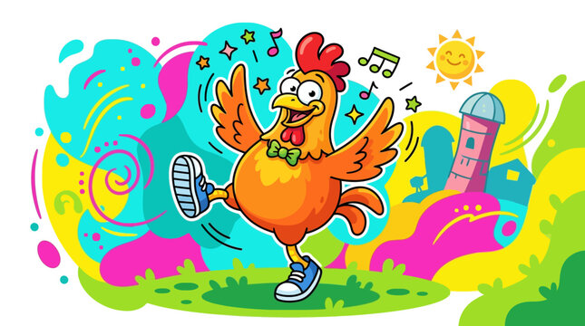 Cartoon chicken dancing with joyful expression and musical notes