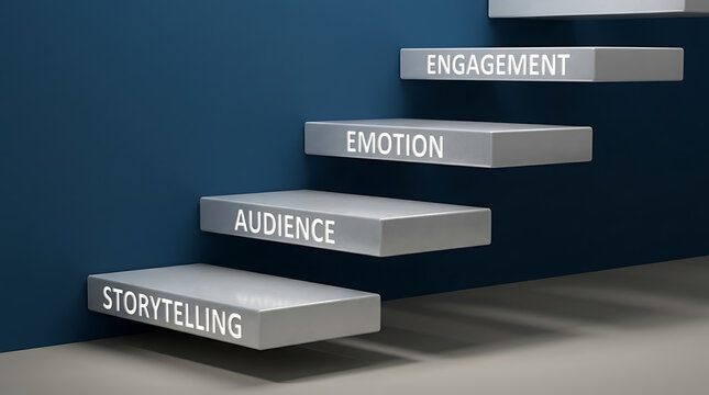 Floating stairs with business strategy steps of storytelling audience emotion and engagement
