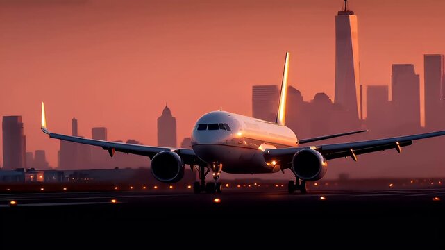 Travel trip journey. A vivid portrayal of an airplane taking off against a city skyline at sunset. The sky is a gradient of warm oranges and reds, with the sun casting a golden glow over the scene.