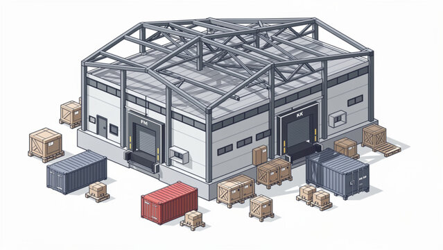 Isometric warehouse building with loading docks and shipping containers, industry logistics