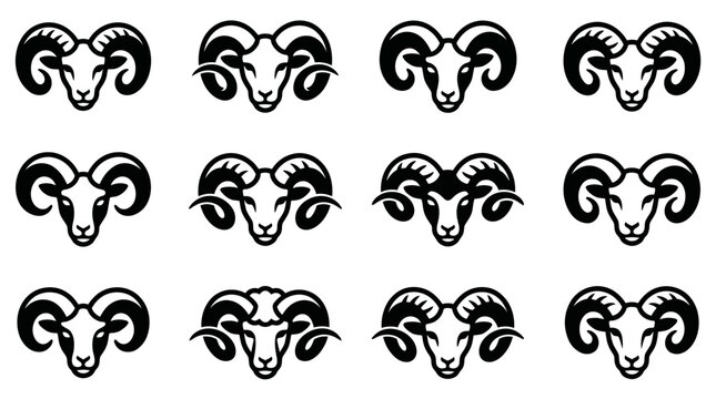 Collection of minimalist ram head logos featuring curved horns and modern vector style for sports branding