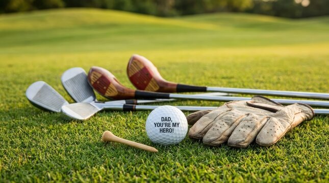 Golf clubs and ball on green course with sentimental message