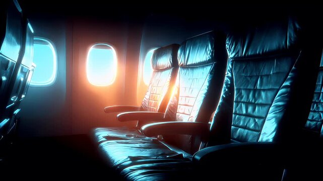 Travel trip journey. A vivid portrayal of an airplane interior, captured in a cinematic style. The main subject is a row of plush, black leather seats, illuminated by a warm, ambient light source.
