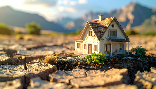 Miniature House on Cracked Dry Earth with Mountain Backdrop.