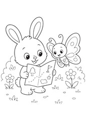 Obraz premium coloring book bunny exploring the garden with a map and butterfly