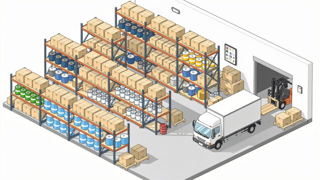 Large Warehouse Storage Scene with boxes and trucks in industrial environment