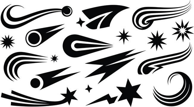 Black comet, star, and lightning bolt icons, 20 astronomy symbols, vector graphics