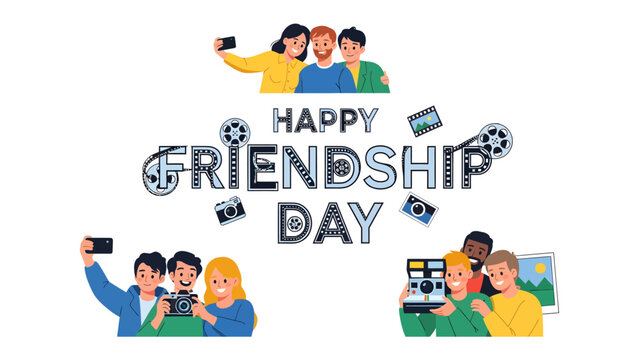 Friends Capturing Memories: A vibrant illustration celebrating friendship with people taking selfies and photos together, embodying the spirit of connection and shared moments.