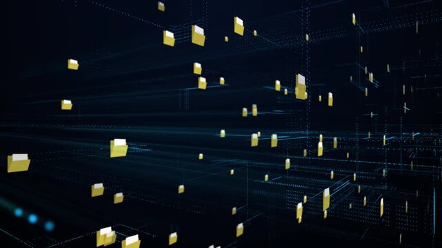 futuristic cloud storage technology with floating digital file folders and big data transfer network in cyberspace background.