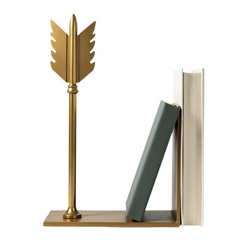 A gold bookend holds a book in place