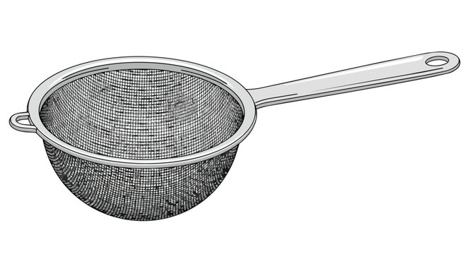 Fine mesh metal strainer with long handle illustration for kitchen food preparation and sifting