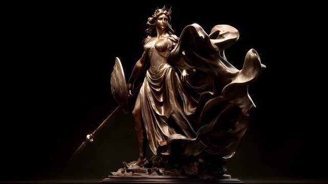 Greek mythology god Athena. Fantasy. A detailed bronze statue depicts a regal female figure, likely a warrior or goddess, in a dynamic pose.