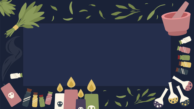 Minimalist Alchemist Potion Bottle Frame Vector. Neo-Gothic Laboratory Tools Border with Copy Space for Apothecary Branding and Witchcore Menu.