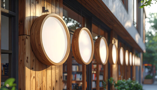 Row of illuminated wooden signs on a building exterior.