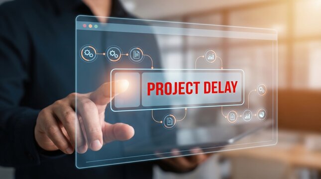 Talent scarcity - Hand tapping on a paused project timeline with empty skill slot, signaling delay and pending tasks on a modern, clean digital interface.