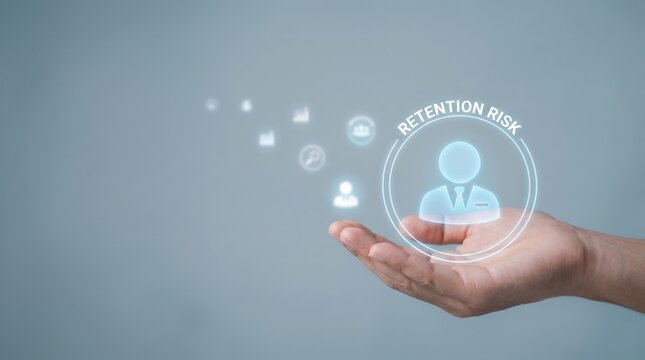 Talent scarcity - A hand gently holds an employee icon within a boundary while other icons drift away, symbolizing staff retention and risk in a clean, modern style.