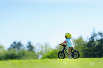 Naklejka premium キックバイクで公園を走る2歳の男の子