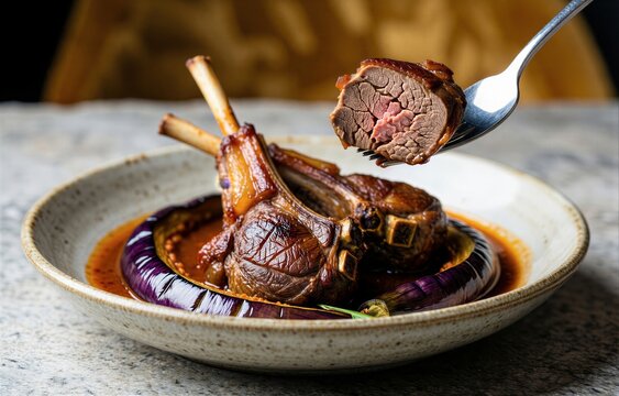 Hunkar Begendi with braised lamb over smoky eggplant puree served in circular arrangement, rich dark sauce, concept of culinary art focused on savory flavors and presentation.