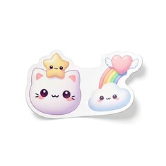 Fototapeta premium Cute Kawaii Cat with Star and Rainbow Cloud Sticker Illustration.