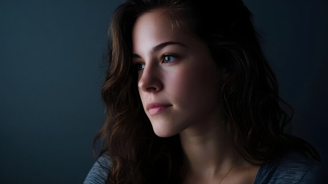 A dramatic low key portrait capturing the ethereal profile of a woman with flowing hair and soft glowing accents