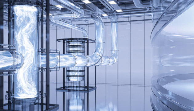 Futuristic pharmaceutical room high fidelity technology laboratory clean modern transparent pipe tube glass liquid flow science industrial