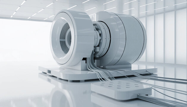 Minimal white cyclotron laboratory with curved high fidelity device and connected cables bright futuristic room with reflective floor and ceiling