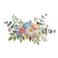 Fototapeta premium Elegant Pastel Floral Arrangement with Roses and Eucalyptus Leaves.