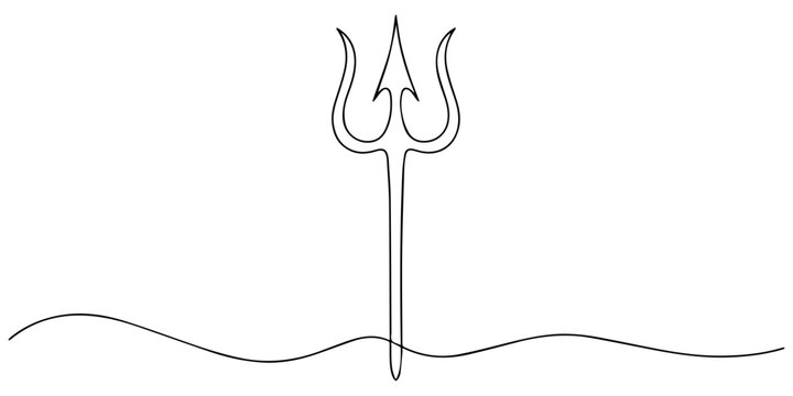 one line art Trident vector illustration, Trisul continuous one line drawing, Trishul Symbol of Lord Shiva on Black Background,  minimalist design in outline illustration, Shiva trishula trident, pro.