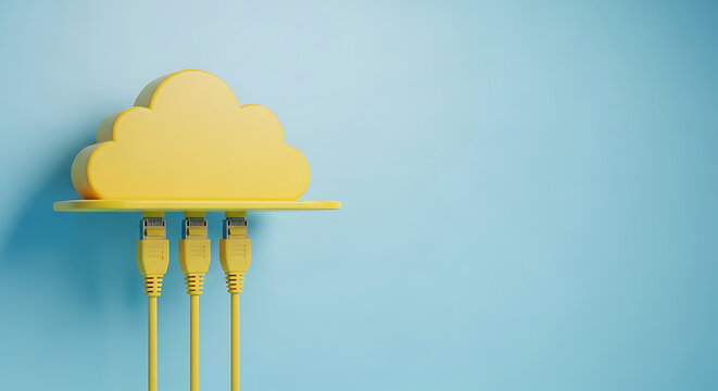 Yellow 3D cloud computing icon with ethernet network cables plugged in on a light blue background representing data storage and connectivity internet connectivity technology computing ethernet