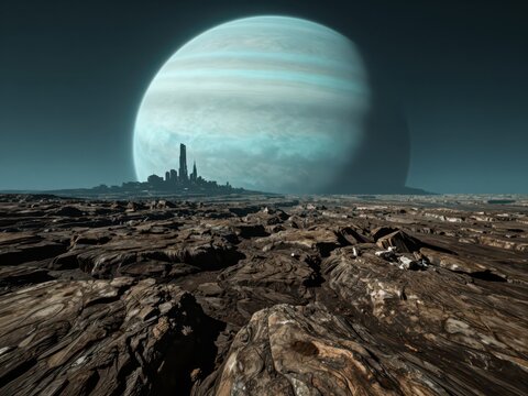 Surreal Landscape with Massive Planet over Dark Terrain