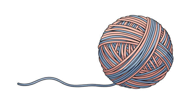 Hand drawn ball of pink and blue yarn with loose thread isolated on white background illustration