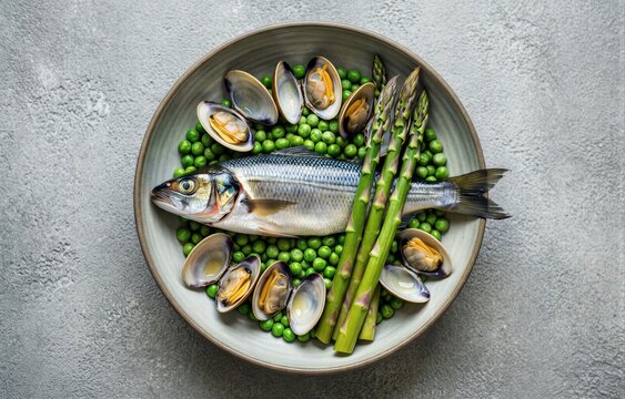 Bowl of Merluza a la Vasca with fresh hake, peas, asparagus, clams arranged neatly on gray concrete surface. Concept of seafood delicacy highlighting hake with peas asparagus clams.