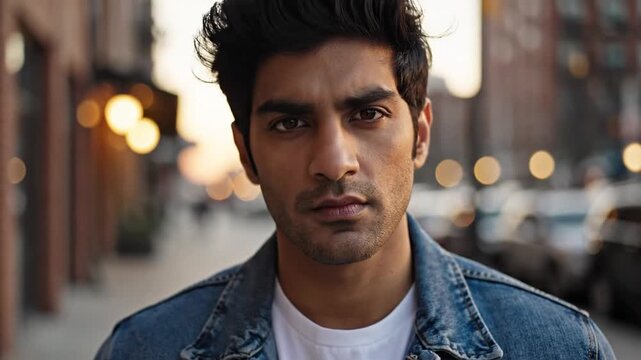 Man with intense stare in denim jacket on city street