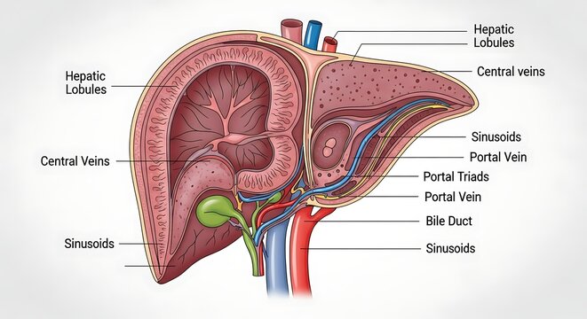 Liver anatomy with labeled hepatic structures.