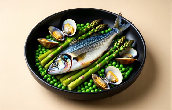 Merluza a la Vasca in black bowl features fish with striped pattern, blue eyes, surrounded by green peas, asparagus, clams. Concept of hake with peas asparagus clams composition.