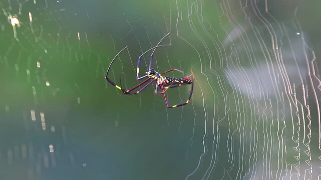 4K close up video of Golden orb-weaver spider (Nephila genus) spinning circular web pattern, showing silk weaving process in tropical natural habitat
