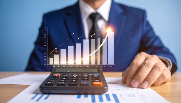 Business professional analyzing documents with calculator, glowing bar graph rising upward, symbolizing financial success, investment growth, strategic planning, and modern corporate achievement in pr