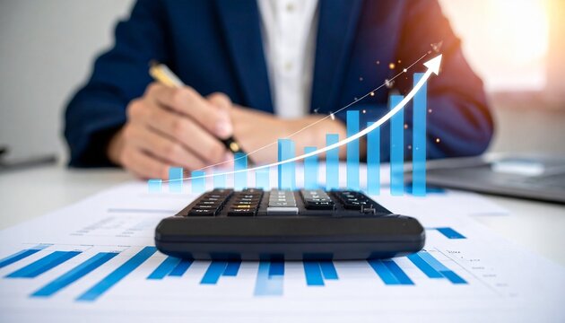 Business professional analyzing documents with calculator, glowing bar graph rising upward, symbolizing financial success, investment growth, strategic planning, and modern corporate achievement in pr