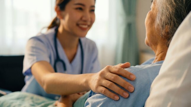 Compassionate young Asian nurse comforts elderly patient in bed, smiling and holding reassuring hand while providing bedside care and emotional support