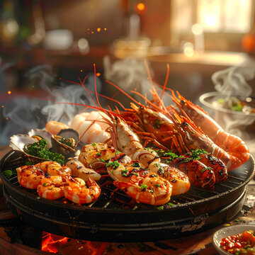 Delicious steaming grilled seafood platter
