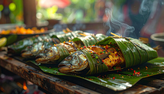 Grilled fish wrapped in leaves