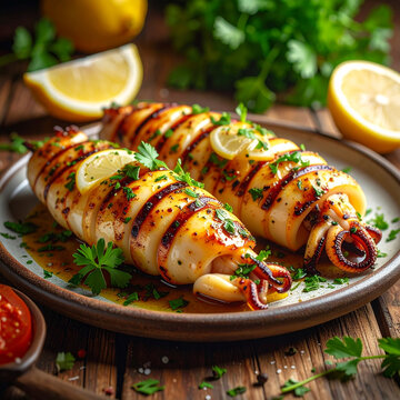 Grilled whole squid with lemon