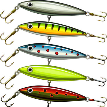 Five realistic fishing lures in different colors with hooks