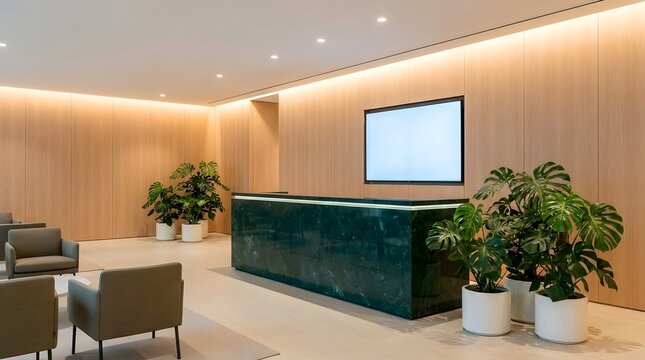 Modern biophilic reception lobby with green marble desk and blank screen for welcoming corporate backgrounds