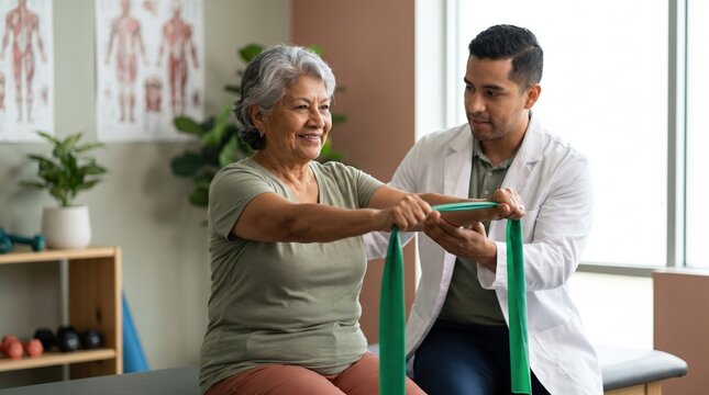 Elderly woman in therapy performing resistance band shoulder exercise with male physical therapist assisting and encouraging her recovery and mobility